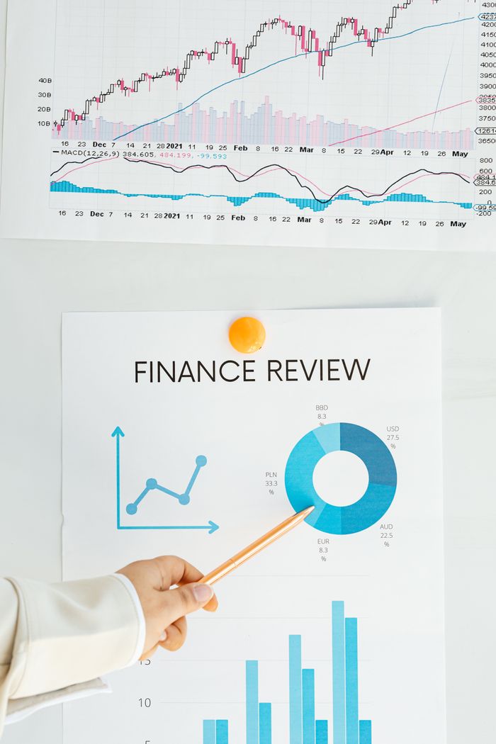 creative-03 Close-up of financial analysis showing graphs, charts, and person pointing with pencil.